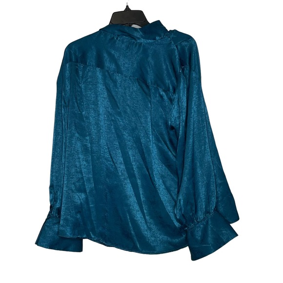Worthington Satin Texas Teal Draped Textured Blouse Hi Neck Bow‎ Women PXXL NWT - Picture 8 of 8